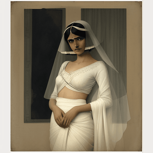 AI generated: woman in white saree is a great vintage shot, in the style of katia chausheva, raphael kirchner, pho...