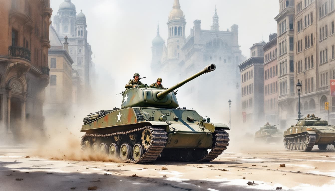 AI generated: watercolor artwork, World War 2 Sherman Tank driving in city, 1944, 4k, ultrarealistic