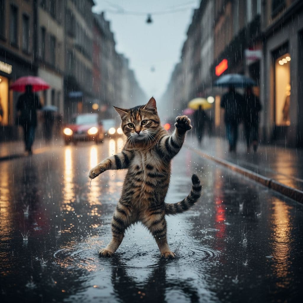 AI generated: un gato bailando en la calle un día lluvioso