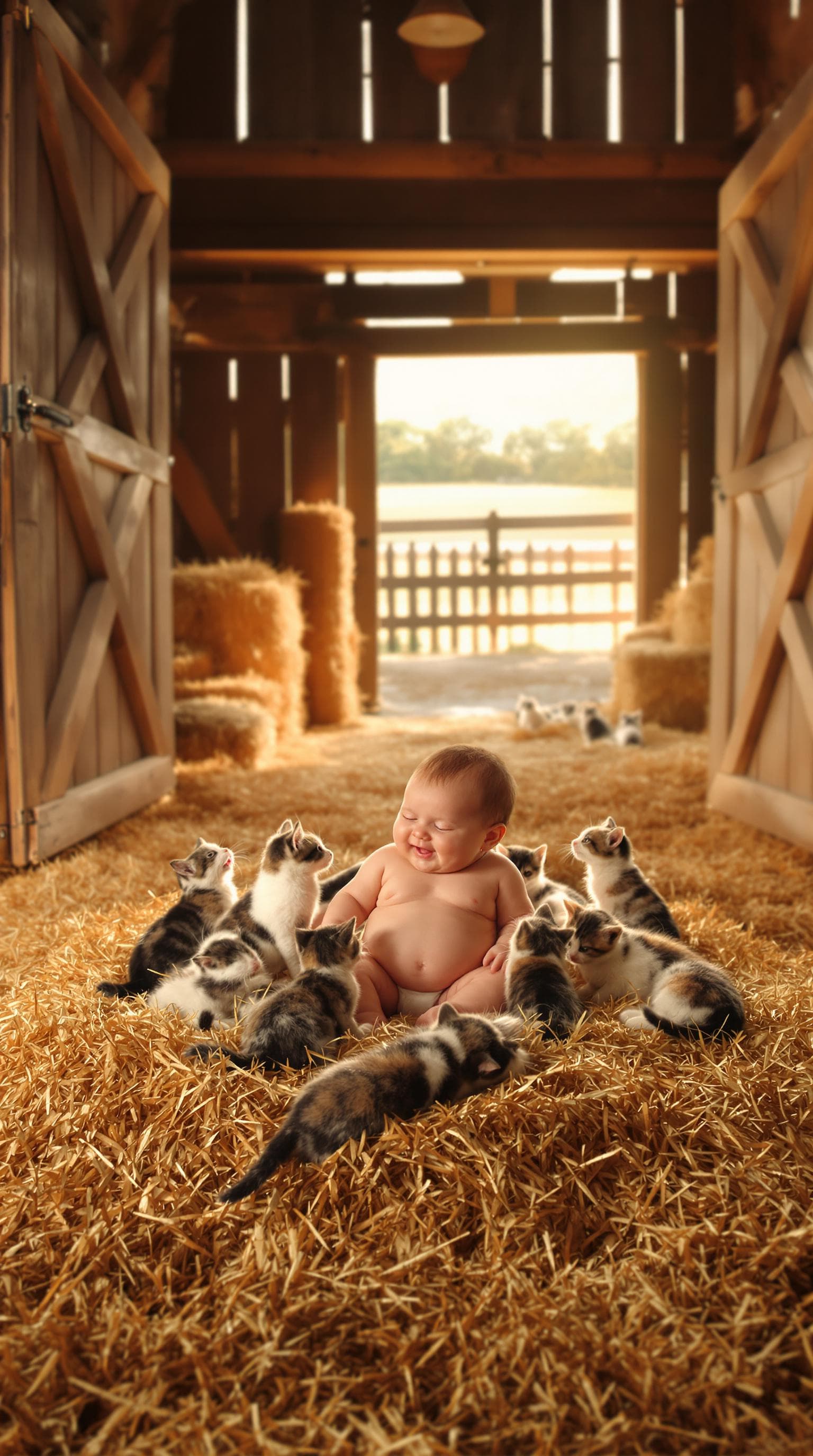 AI generated: photo of an ultra realistic heartwarming scene of a chubby baby sitting on a pile of soft hay inside...