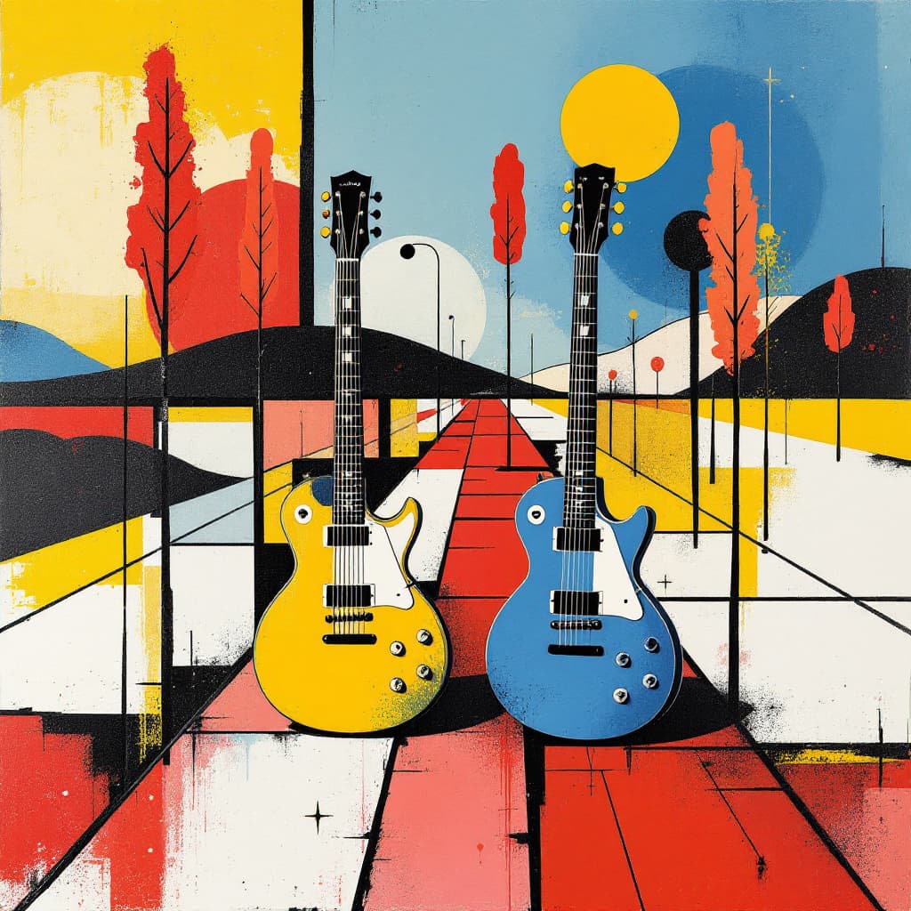 AI generated: "A vibrant fusion of rock and art, featuring a minimalist landscape in the Piet Mondrian style with ...