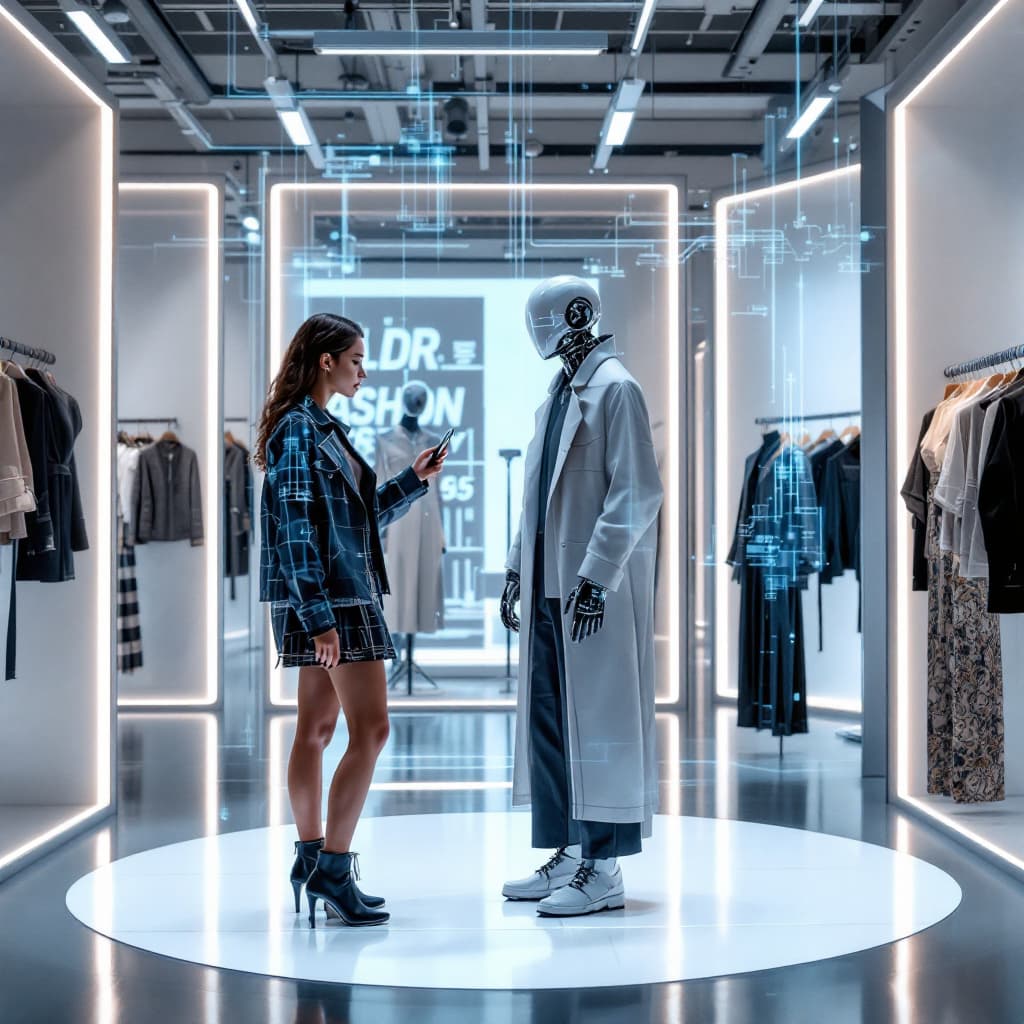 AI generated: Realistic digital fashion showroom powered by AR with someone (Asian) experimenting a western style ...