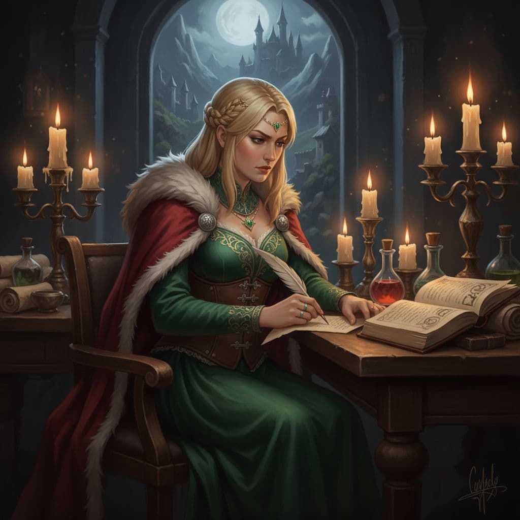 AI generated: Tsunade senju  in medieval dress writing a letter with candles and candles, fantasy art behance, fan...