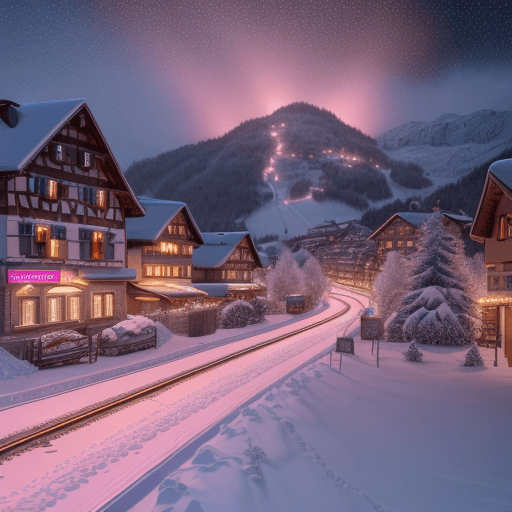 AI generated: This is a hyperrealistic CG rendering of swiss town.  The pink light in the sky shines on the snow, ...