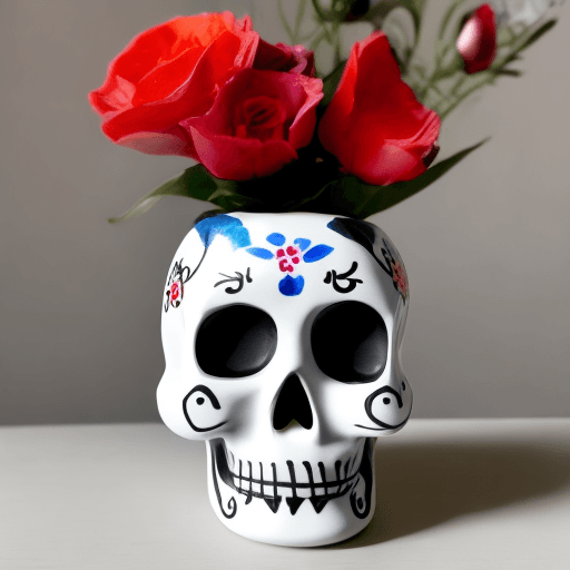 AI generated: white ceramic vase, day of the dead, small skull