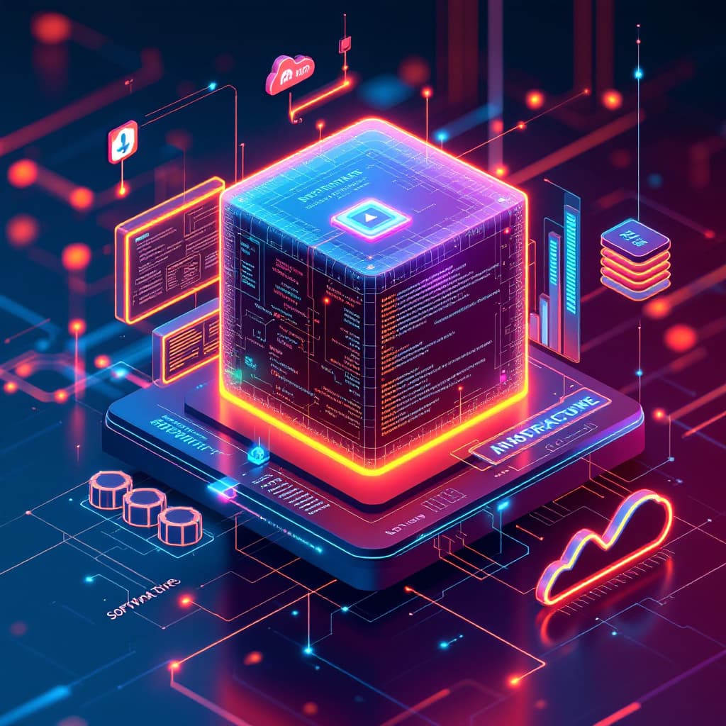 AI generated: make a futuristic 3D infographic that illustrates software integration through elements: “architectu...
