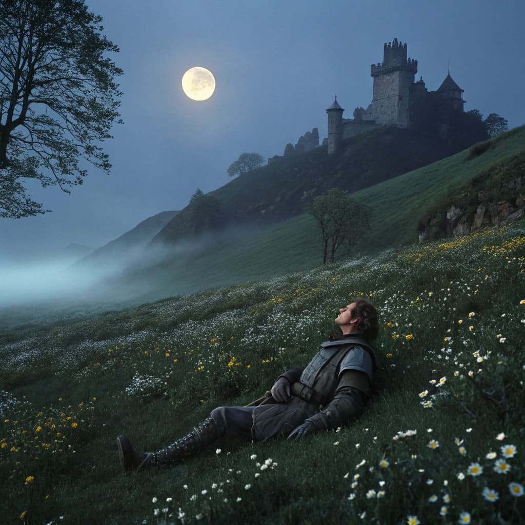 AI generated: DVD screengrab, 1980s cinema of a knight sleeping in a flowerfield and in the background theres an d...