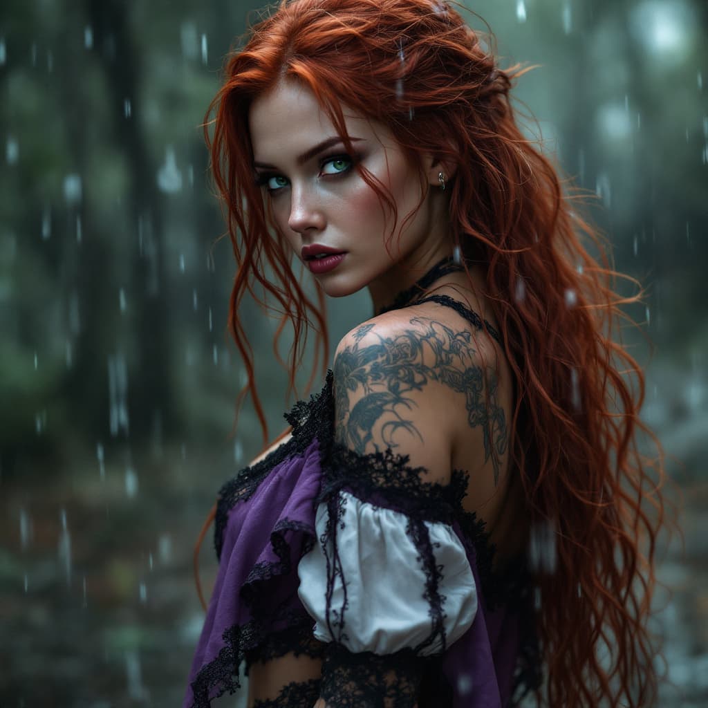 AI generated: A woman stands with her back turned, She has long, red hair and striking green eyes. Her outfit is a...
