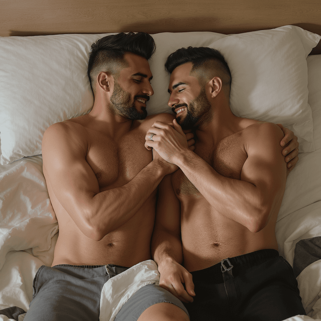 AI generated: Two handsome shirtless men with muscular bodies, holding each other on bed, soft light, intimate atm...