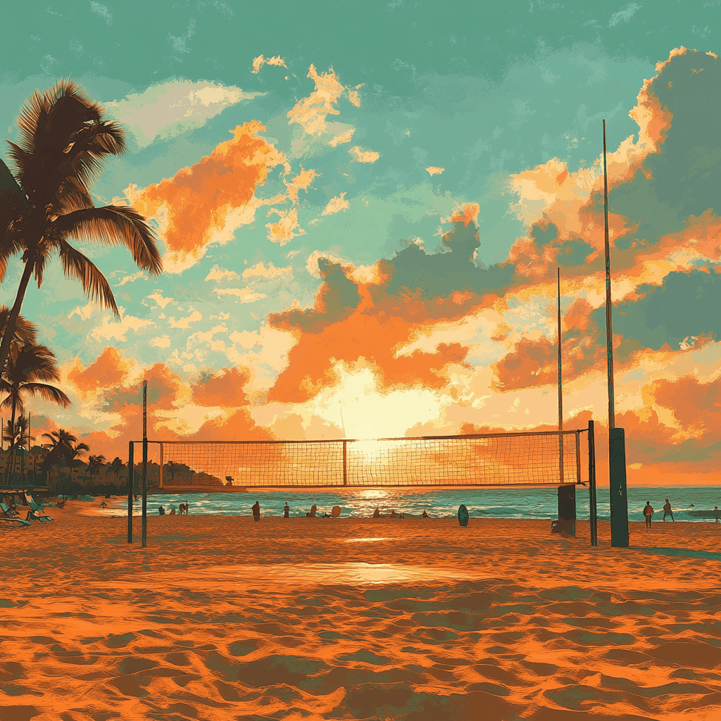 AI generated: A sunny beach volleyball court at sunset, vibrant orange and teal color scheme, surfers in the backg...