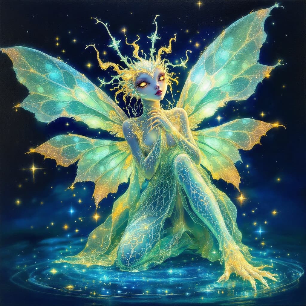 AI generated: A mesmerizing creature from ancient folklore, this mythological bioluminescent being is depicted in ...