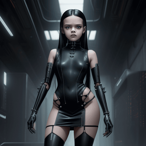 AI generated: Wednesday Addams - Jenna Ortega, cyberpunk style, a beauty cyborg mechanical fibre girl wearing a re...