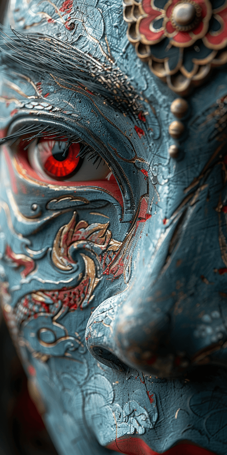AI generated: A close-up of an ancient Japanese sculpture with red eyes, intricate details and patterns, hyper-rea...