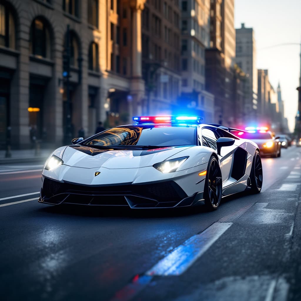 AI generated: a Lamborghini police car,on the street, chaseing other sport car, lighting warning signal,