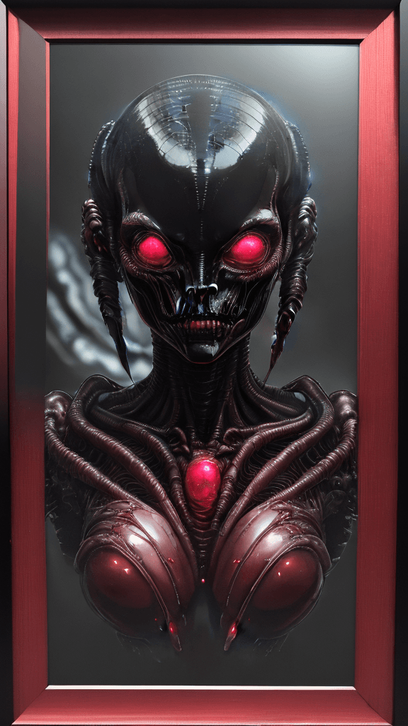 AI generated: ultra HD "complex-inducing ((Alien:2.1)) RFKTR-style headshot framed transparent ruby red in the sty...
