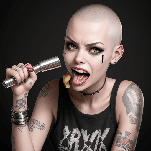 AI generated: Young rebellion punk woman with a shaved head. Her mouth is wide open, screaming from the top of her...