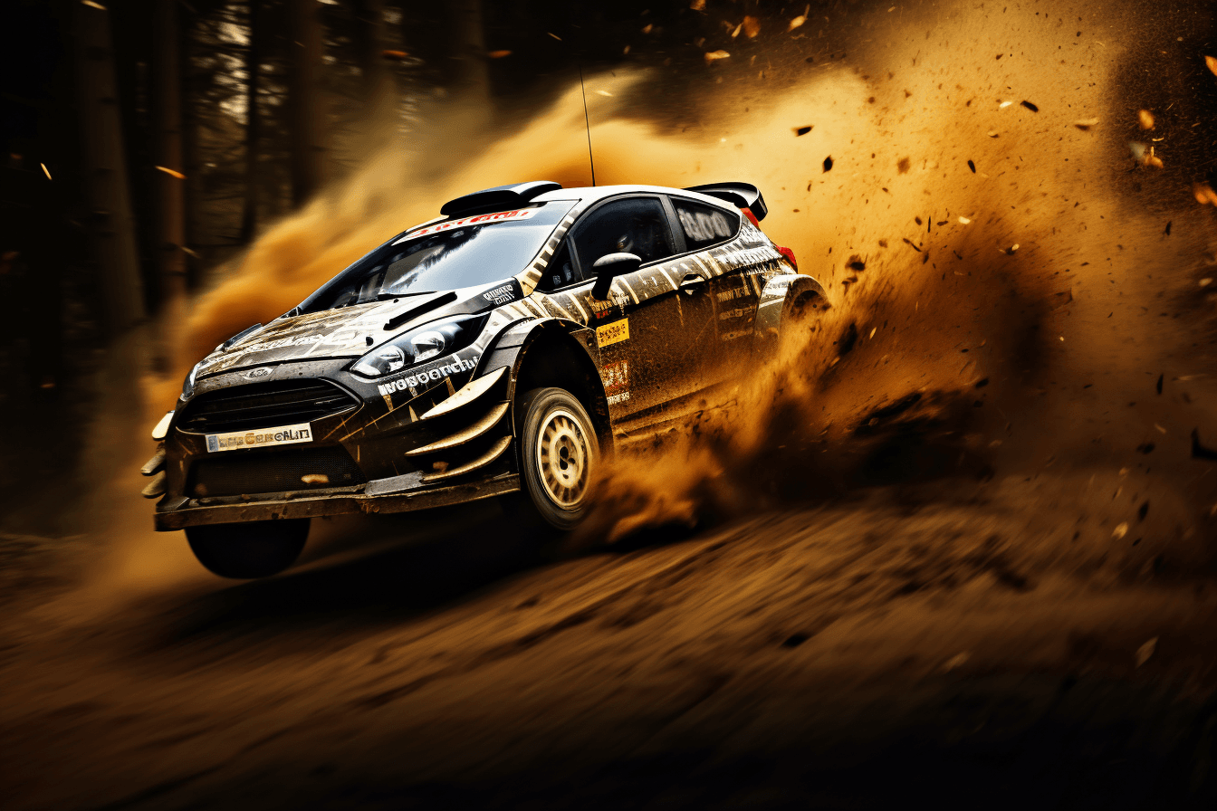AI generated: A WRC car is mid-jump, enhanced by the use of motion blur effect to emphasize speed, reflecting the ...