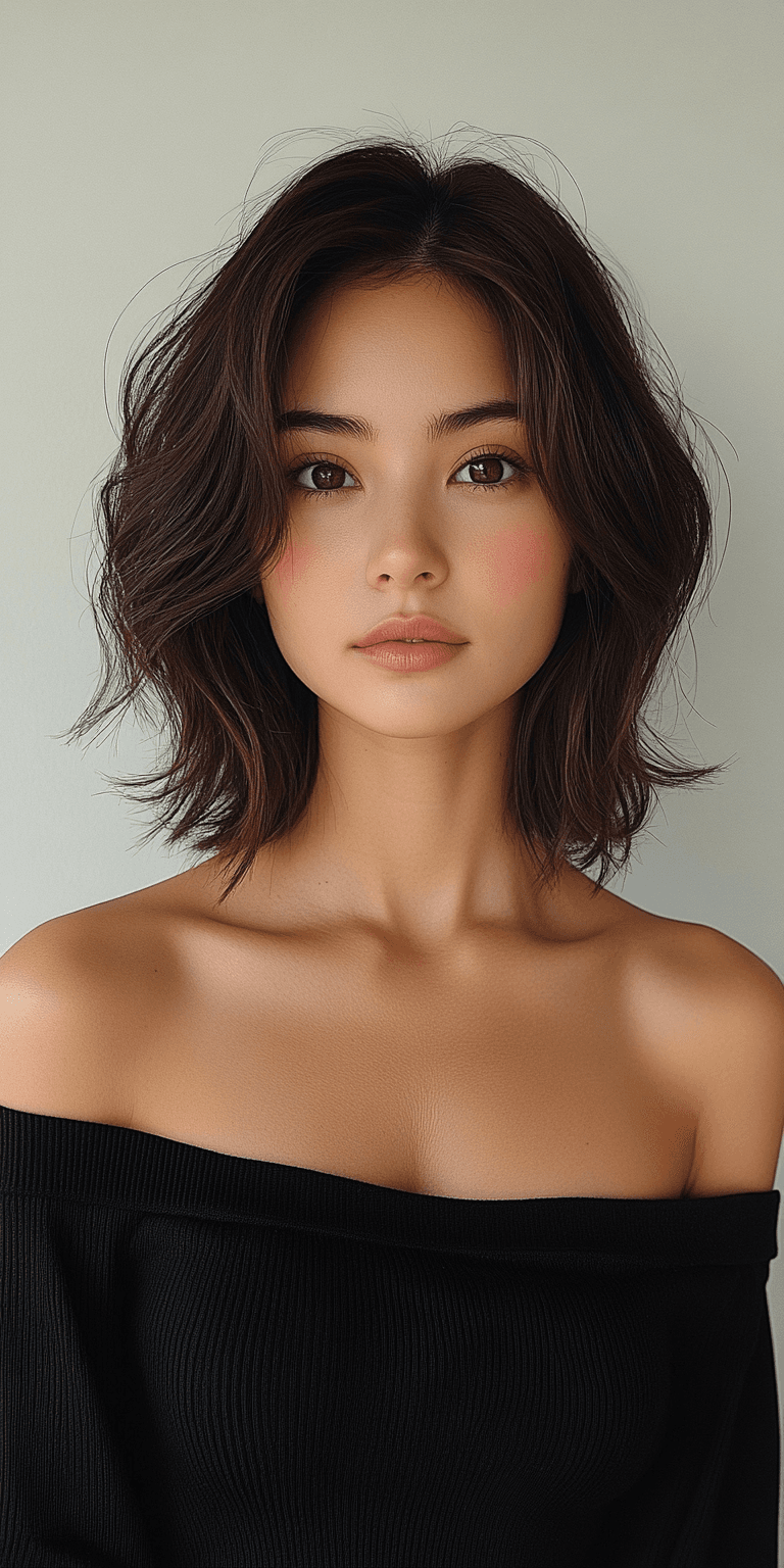 AI generated: Photo of a beautiful Japanese woman wearing a black off-the-shoulder top with a cute hairstyle again...