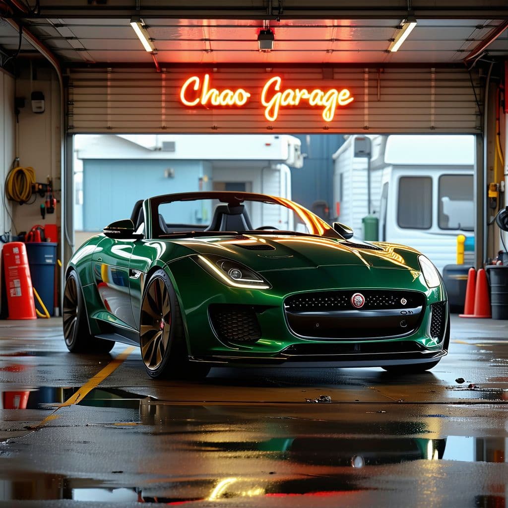 AI generated: General outline of a latest model british racing green jaguar ftype convertible in steampunk style, ...