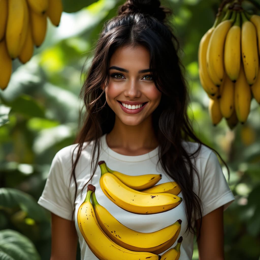 AI generated: A mesmerizing, hyperrealistic portrait of a pertty female in the  jungle,surrounded by bananas,weari...