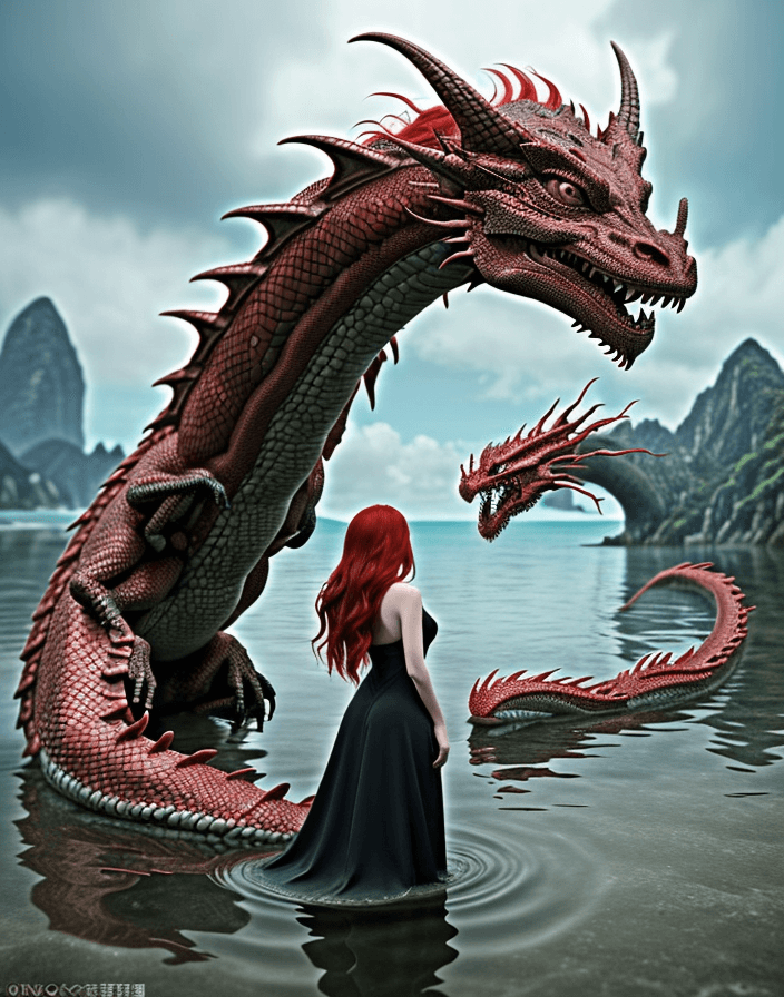 AI generated: a woman with long red hair stands in the water next to a dragon, in the style of fantasy scenes, mic...