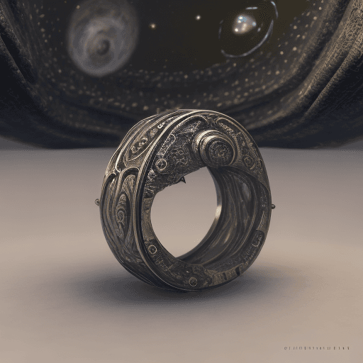 AI generated: Rendering of a titanium made ring for men, (( mystical engravings)), ((a cosmic scenery s depicted o...