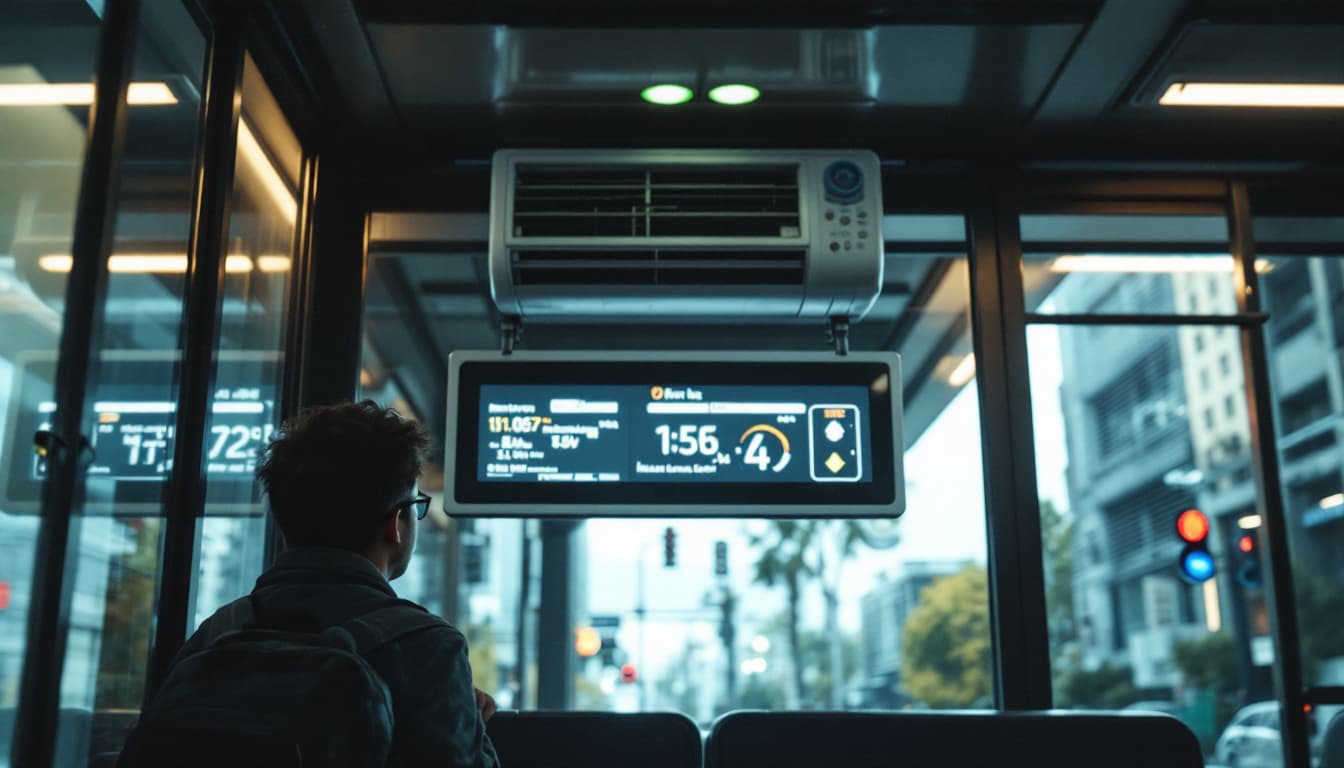 AI generated: A passenger waits for the bus at the room-type bus stop. an air-conditioner is working on the top. a...