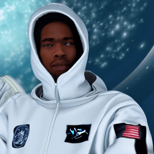 AI generated: a Blackman in a white ski mask and is wearing white track suit, with a nasa logo on his tracksuit, f...