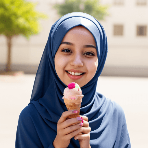 AI generated: Hijab girl with bright smile and hold an ice cream