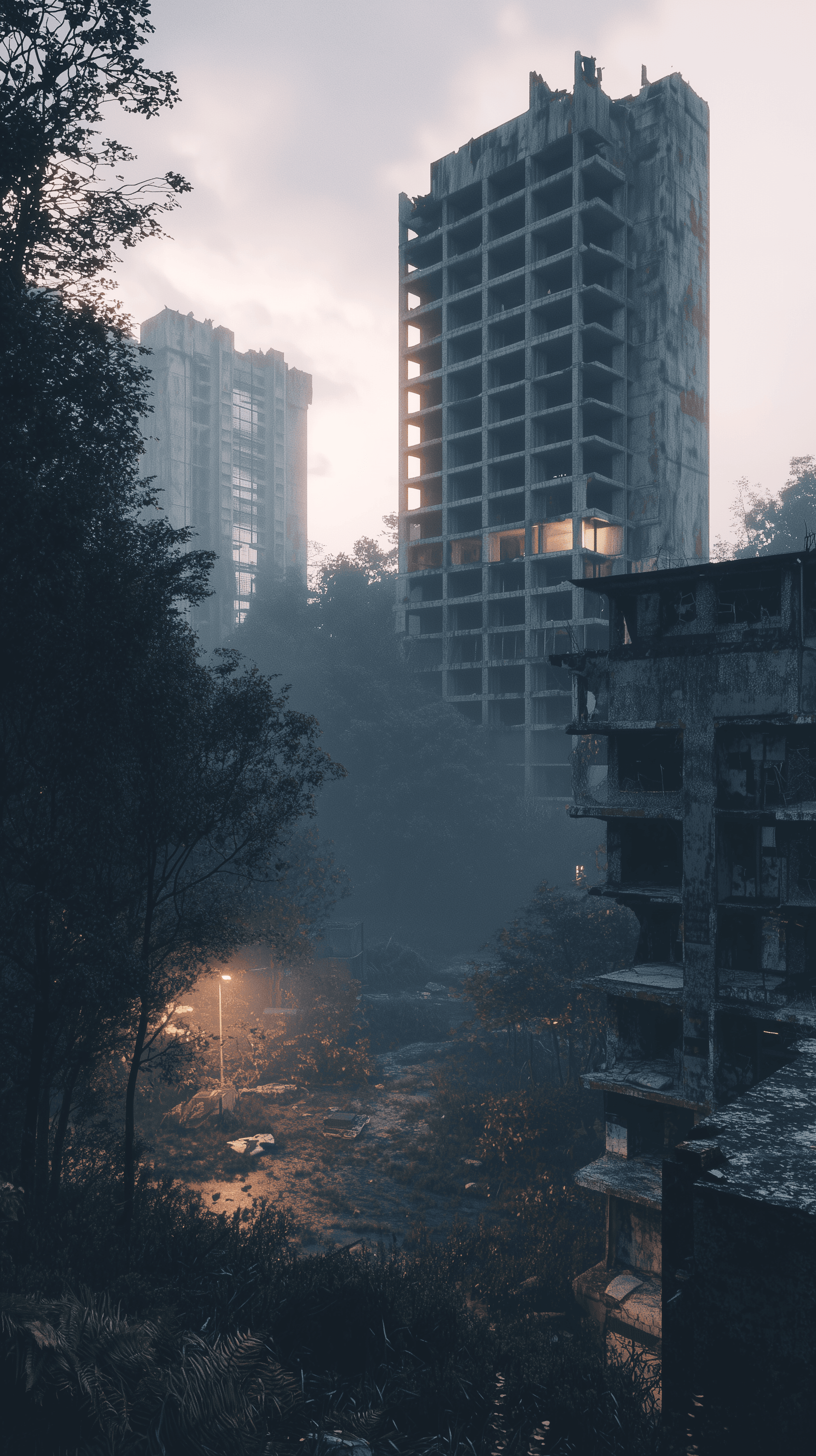 AI generated: architecture rendering, gigantic brutalist architecture, featuring abandoned concrete high-rises, ov...