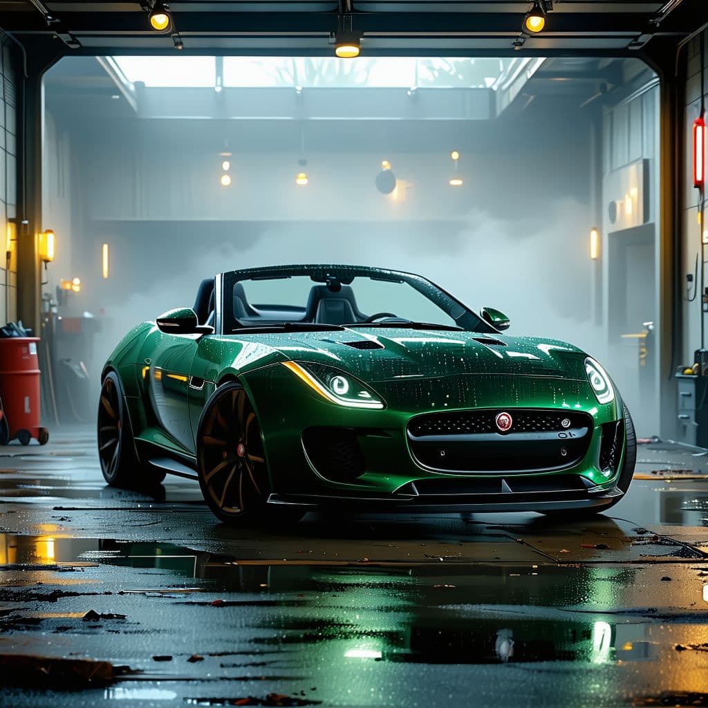 AI generated: General outline of a latest model dark British racing green convertible jaguar 
ftype with 
 in stea...