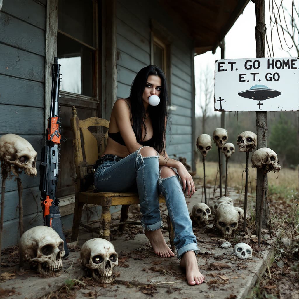 AI generated: full length view of a woman, long black hair, black bra, ripped jeans, barefoot (((shows feet))), si...