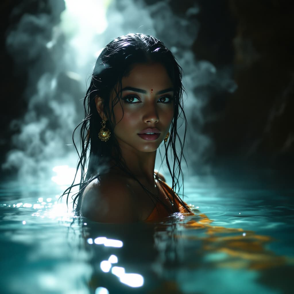 AI generated: hot spring inside a dimly lit cave, steam rises from the water, a hot beautiful Indian woman in sare...