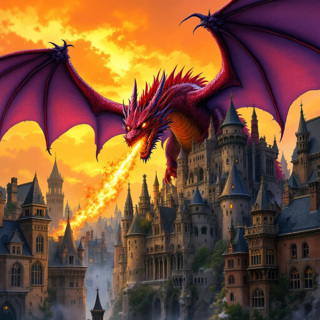 AI generated: a realistic red and purple dragon is soaring over an ancient castle. The dragon is breathing fire on...