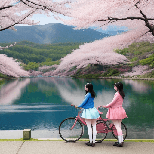 AI generated: Blue lake, cherry blossoms in full bloom, girls riding bicycles