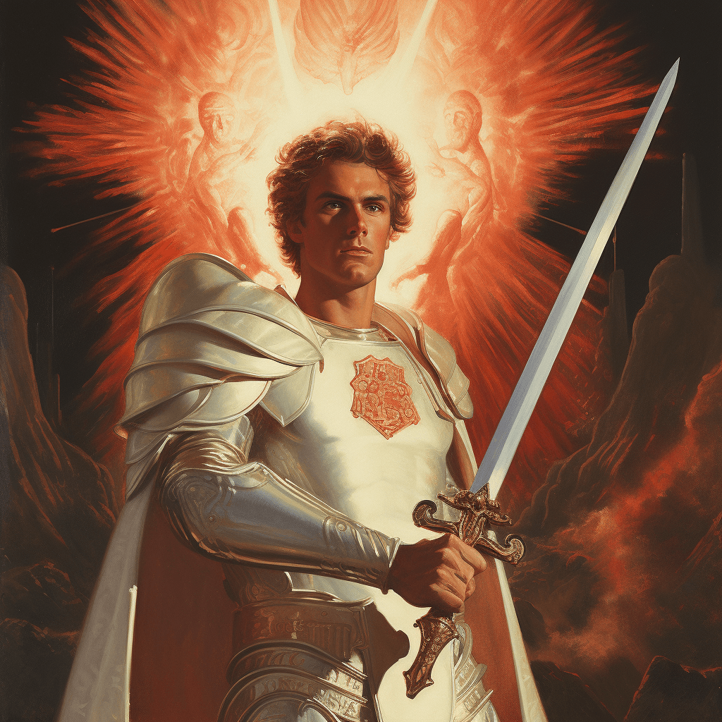 AI generated: hyper realistic of an angel with a huge sword and shield and some fire on top of his head, epic, pul...