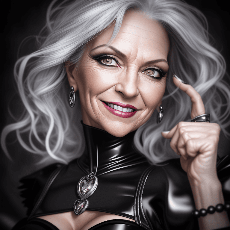 AI generated: hyper realistic headshot photo of a 55 year old fetish witch, latex corset, silver jewlery, looking ...