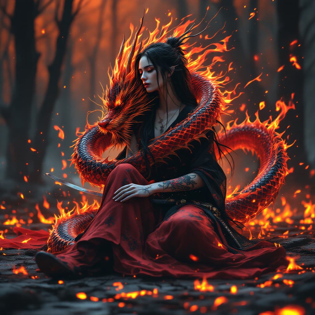 AI generated: female flame warrior with jet black flowing hair and pale skin and tattoos wearing a black and red k...