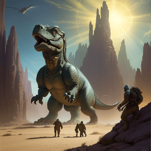 AI generated: A scifi fantasy scene in the style of Donato Giancola, featuring two adventurers with their pet dino...