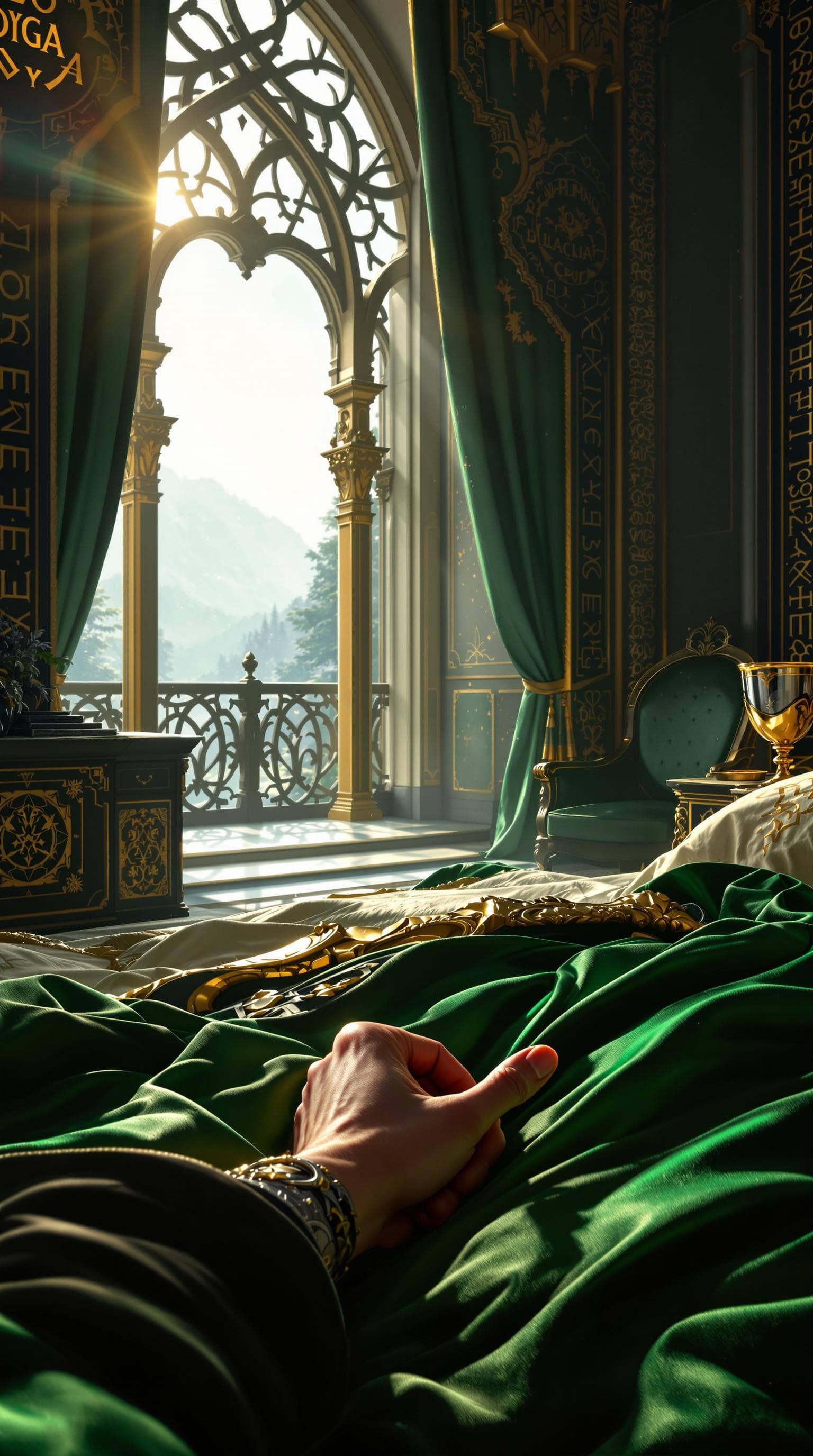 AI generated: First-person POV, Loki’s hand lazily rests on the silk sheets of his grand chamber, fingers slightly...
