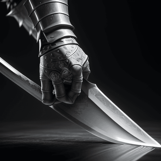 AI generated: close-up view of a knight wielding a long black sword, intricate design and the reflections along it...