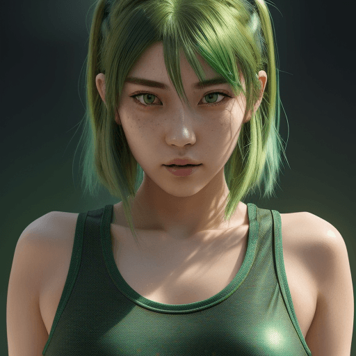 AI generated: girl with green hair highlights in tank top, long brown hair, in the style of hyper-realistic atmosp...