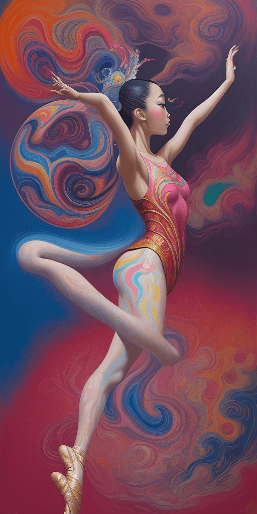 AI generated: surrealist painting of an Asian female ballet dancer, in the style of Montessori, psychedelic, surre...
