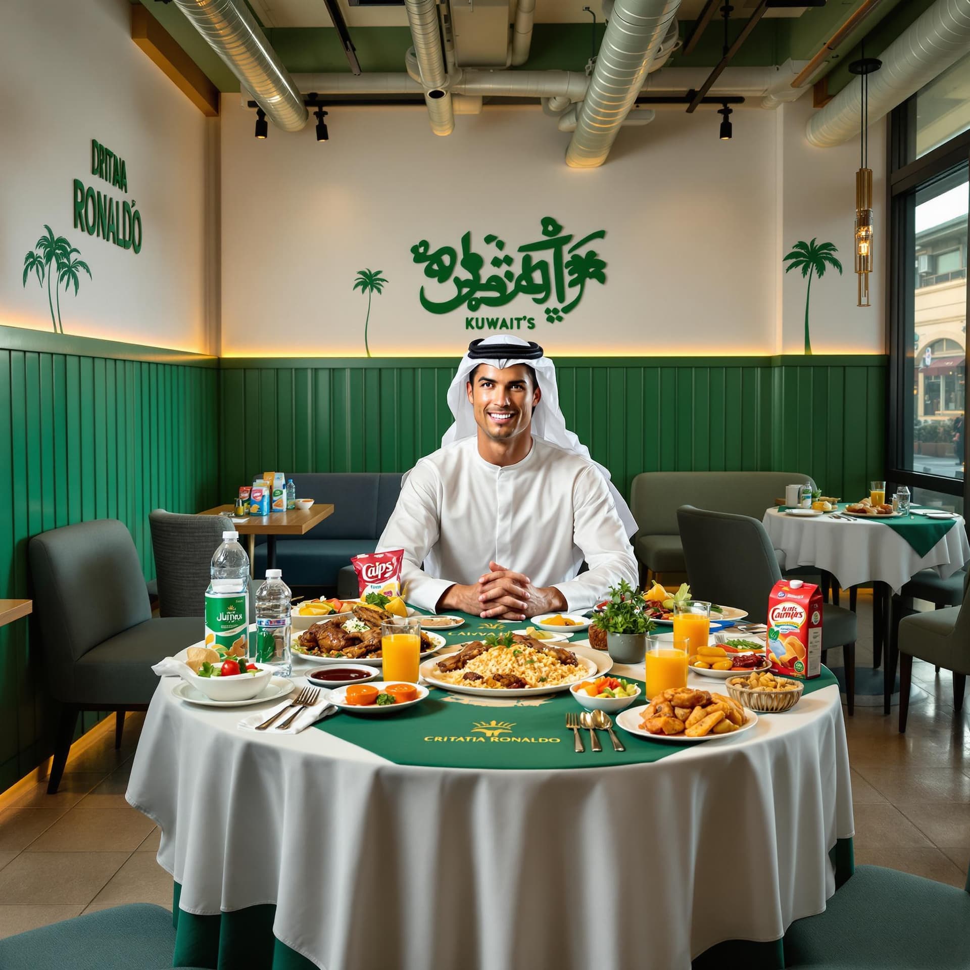 AI generated: Cristiano Ronaldo sits at a round dining table in a stylish, modern restaurant, dressed in tradition...