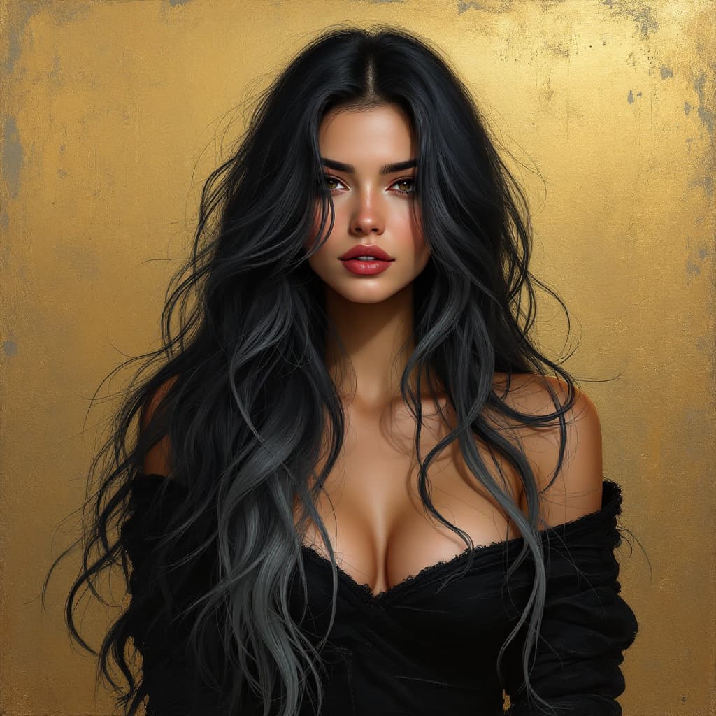 AI generated: a woman with long black and grey hair in a gold painting, in the style of charlie bowater, dark blue...