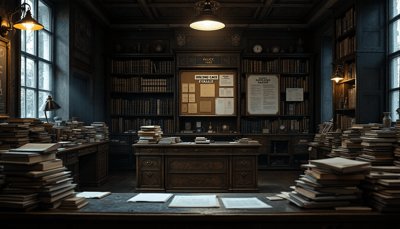 AI generated: create a background of a empty Victorian Police station, make it dimly lit and atmospheric, bookshel...