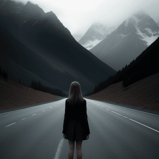 AI generated: the girl stands with her back in the middle of the road going into the distance, around the mountain...