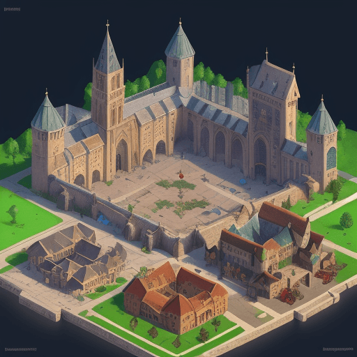 AI generated: City main Square, medieval, fantasy, isometric, rpg, jrpg, detailed