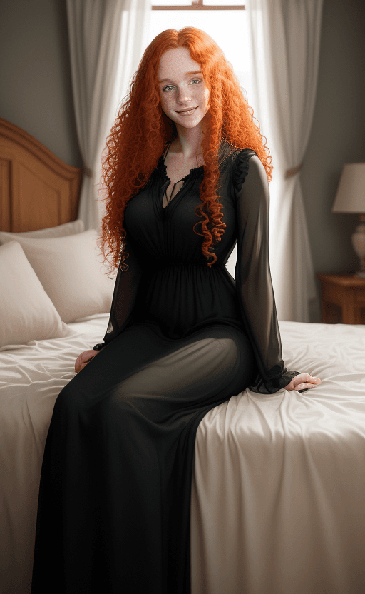 AI generated: full body photo ((extremely attractive)) woman, long curly ginger hair, perfect eyes, (freckles:0. 2...