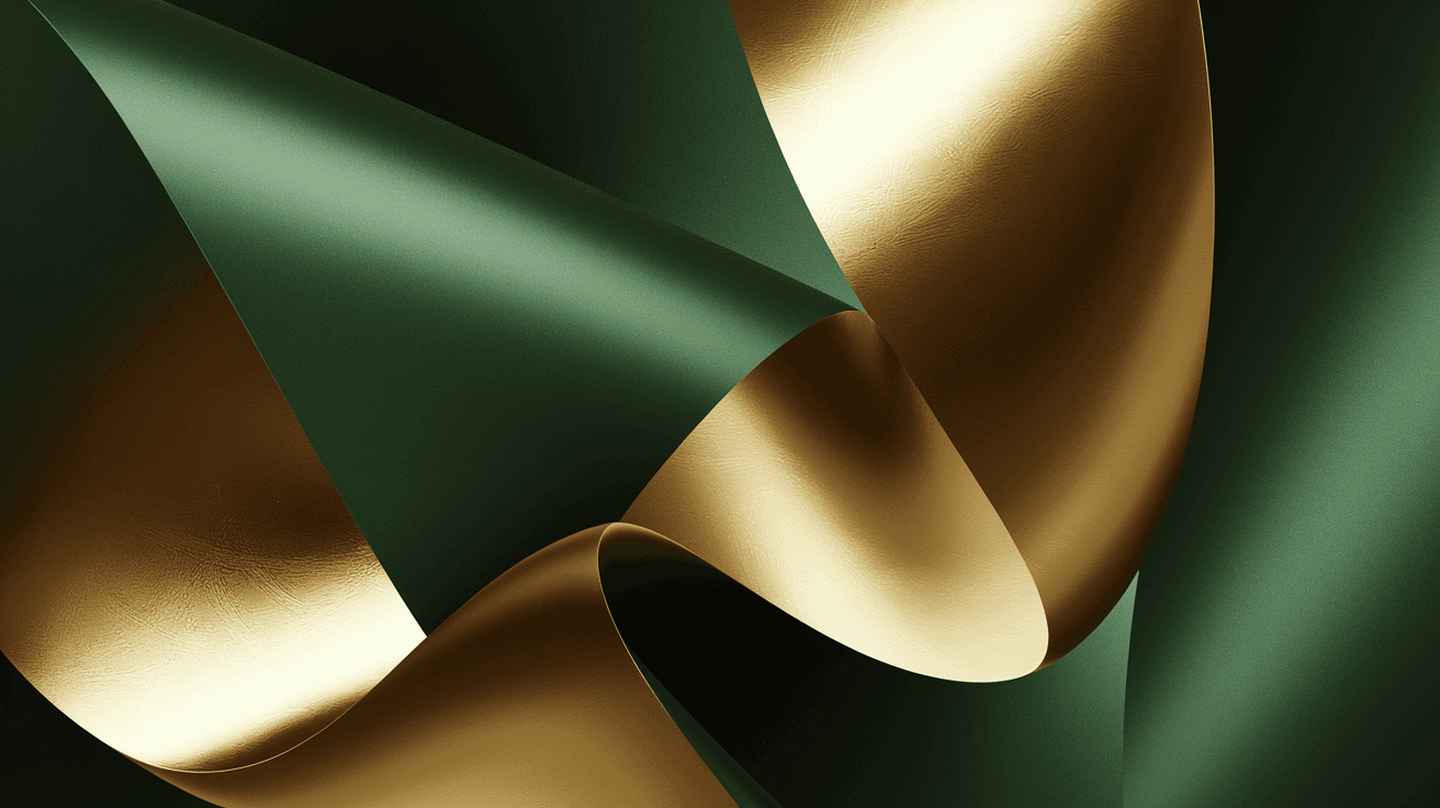 AI generated: An abstract wallpaper featuring fluid, ribbon-like geometric forms in rich emerald green and lustrou...